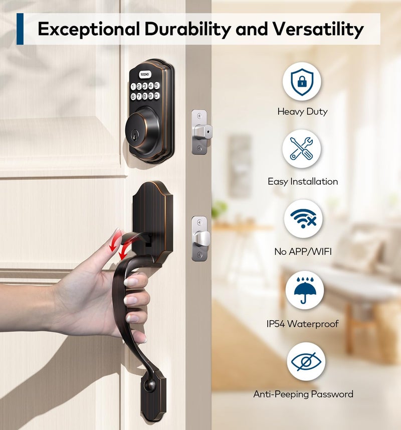 TEEHO Keyless Entry Door Lock Deadbolt with Handle Set  Electronic Digital Smart Locks Set for Front Door with 2 Keys  Easy to Install Keypad Deadbolt  Auto Lock - Oil-Rubbed Bronze - Image 5